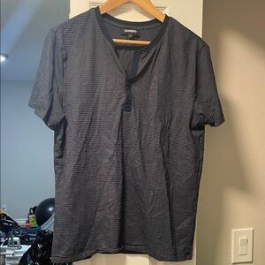 Express Men's Charcoal Striped Short Sleeve Tee